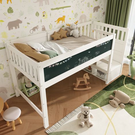 Letto a soppalco 90x200cm struttura certificata gradini ampi 4 ripiani contenitore legno MDF bianco (Senza materasso)