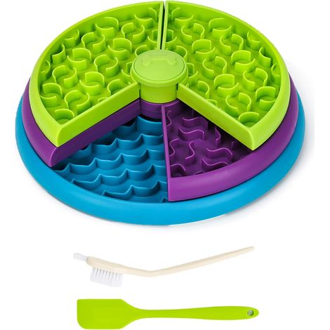 Gamelle Anti Glouton Chien Chat 3 Couches, Puzzle Interactif Ludique avec Tapis Anti-Éclaboussure et Base Antidérapante, Jouet Occupation Chiot Anti-Ennui, Spatule et Brosse Incluses