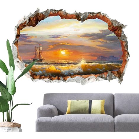 Autocollant Mural Scène De Plage,Stickers Muraux De Plage - Chambre à coucher cassée murale Autocollant adhésif à travers le mur, papier peint artistique, décorateur pour chambre à coucher (1/5)