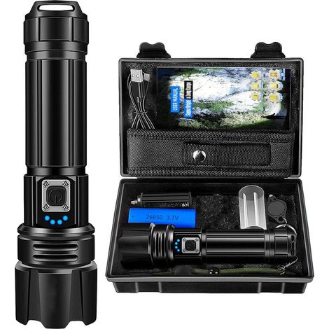 Lampe de poche LED super forte, lampe de poche rechargeable 11000 lumens, lampe tactique xhp70.2, IP67 étanche 5 modes d'éclairage de secours de randonnée de camping (avec batterie) (1/5)