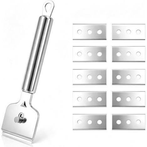 Grattoir de Nettoyage en Acier Inoxydable avec 8 Lames de Rechange Protection de Lame Réglable Manche Ergonomique pour Vitre Plaque Induction Four (1/4)