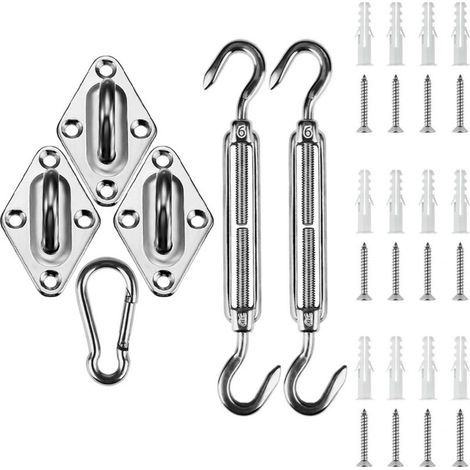 Fixing kit for garden awnings and shade sails, 14.5 cm hook, 6.5 x 3.6 x 0.6 cm wall bracket, 6 x 3 cm end cap (1/5)