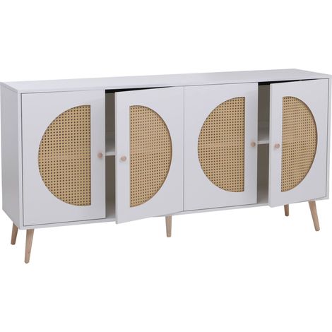 Sideboard HHG-894, Schrank Kommode mit Türen Anrichte Staufächer, Poly-Rattan MDF Melamin 80x160x40cm weiß
