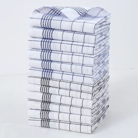 Set of 12 striped and checked cotton kitchen towels, highly absorbent, blue and black, for washing dishes