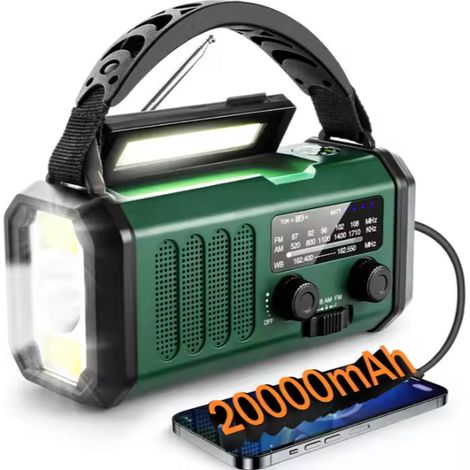 Radio di emergenza a manovella solare da 20000 mAh con batteria esterna, radio FM/AM mondiale, allarme SOS, USB, stazione meteo, fonte di alimentazione affidabile per campeggio, sopravvivenza e disast (1/5)