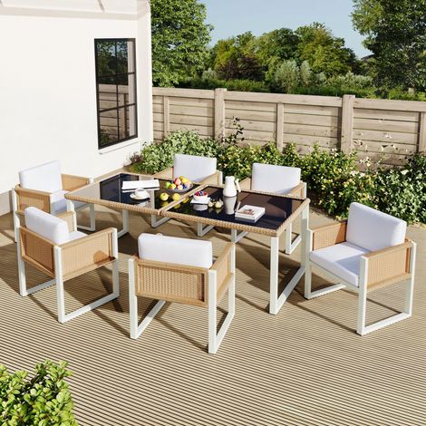 Garten-Essgruppe 7-teilig 1 Tisch und 6 Stühle 170x80cm mit waschbaren Kissen aus Polyrattan Braun und Weiß