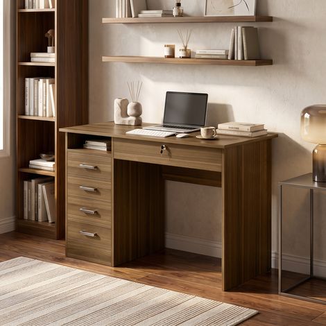 Bureau Informatique avec 5 Tiroirs, 110 x 50 cm, Bureau avec Rangement, Étagère Ouverte, Noyer (1/5)