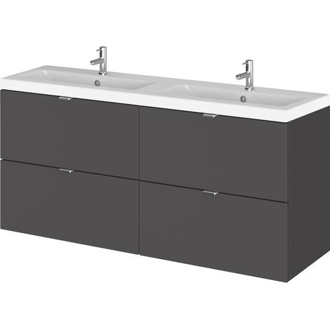 Alrewas Contemporary 4 Drawer Wall Hung Vanity Unit with Basin, Gloss Grey, 1200mm