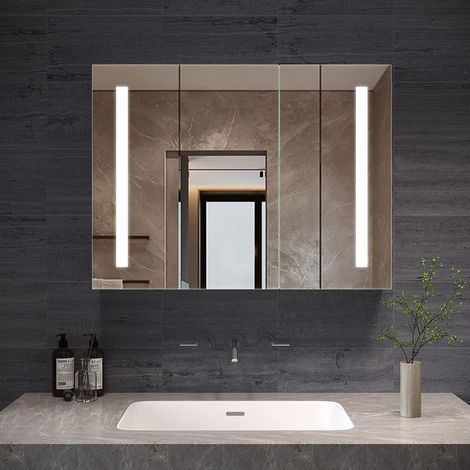 LED Spiegelschrank Badezimmerspiegel Glasspiegel mit Beleuchtung Badezimmerschrank Großer Stauraum IP44 Kaltweiß 6400K 80x60cm Badschrank 2türig mit Steckdose (1/5)
