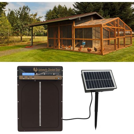Puerta automática para gallinero: sistema 3 en 1 con detección de luz, programación y control remoto, funciona con energía solar o a pilas, marco de metal y placa de aluminio, dimensiones 35,3 x 24,3  (1/5)