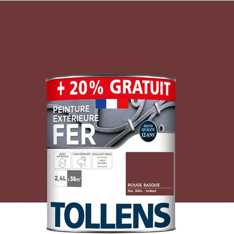 Tollens – Peinture fer extérieure antirouille 2 en 1 – Ultra résistante – Séchage rapide – Brillant – Rouge Basque RAL 3004 – 2,4L pour 38m2