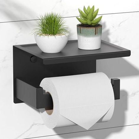 Selbstklebender Toilettenpapierhalter mit Ablage, Wandmontage, Edelstahl SUS 304, bohrfreie Montage – Mattschwarz
