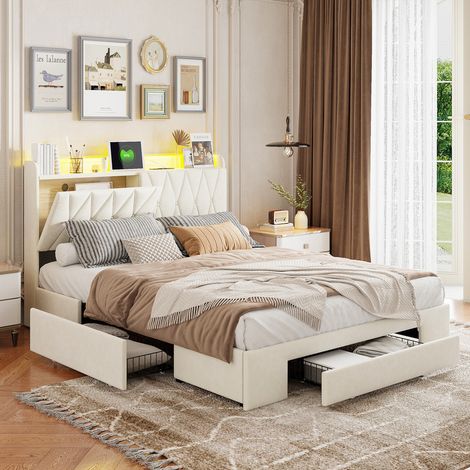 Lit Double Rembourré 160x200cm, Lit 2 Places avec LED et USB, Cadre de Lit avec 3 Tiroirs, Tête de Lit avec Rangement, Sommier à Lattes, Velour, Beige (1/5)