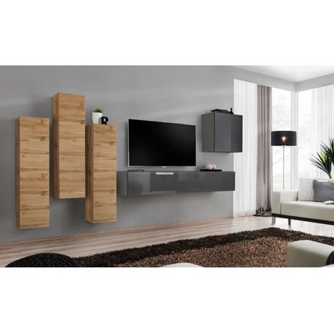 Ensemble mural - Switch III - 3 vitrines verticales - 1 banc TV - 1 vitrine carrée - Bois et graphite - Modèle 1 - Livraison gratuite