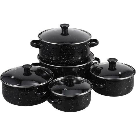 Marmite en émail avec couvercle en verre, ensemble de 5 pièces, double poignée, compatible induction, pour soupes, ragoûts et gratins (1/5)