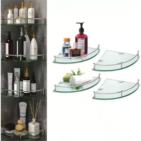 4 Étagère d'angle, verre trempé, design gain de place, montage mural, salle de bain (1/5)
