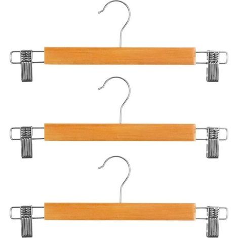 Lot de 3 Cintres Bois Pinces Métal Antidérapantes Pour Pantalons Et Shorts Rangement Armoire (1/5)