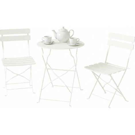 Set bistrot da esterno pieghevole con 1 tavolo e 2 sedie in metallo color crema (1/5)