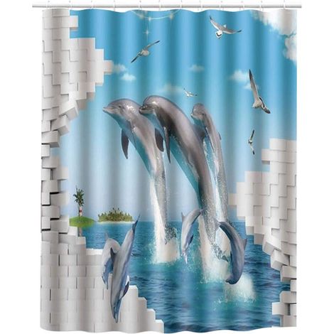 180x180cm Rideau de Douche pour Salle de Bain, Polyester impermable Rideau de Douche Doublure Rideau dcoration Belle Impression Rideau de Bain(Dauphin),Fournitures De Rideau De Douche.