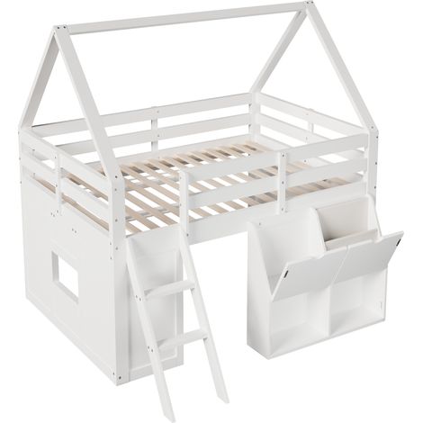 Letto a soppalco per bambini con scala, LED, vani ribaltabili e tasche in tessuto, bianco (1/5)