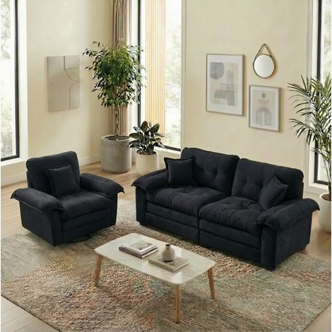2-tlg. Sofaset schwarz mit Chenille-Bezug, 1-Sitzer und 2-Sitzer mit tiefen Sitzen, Memory-Schaum und Kissen (1/5)