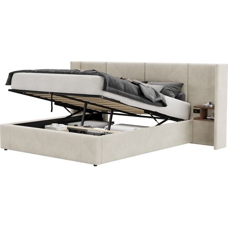 CHICFURN Letto contenitore 160x200 cm in velluto beige con USB, prese e comodini, senza materasso (1/5)