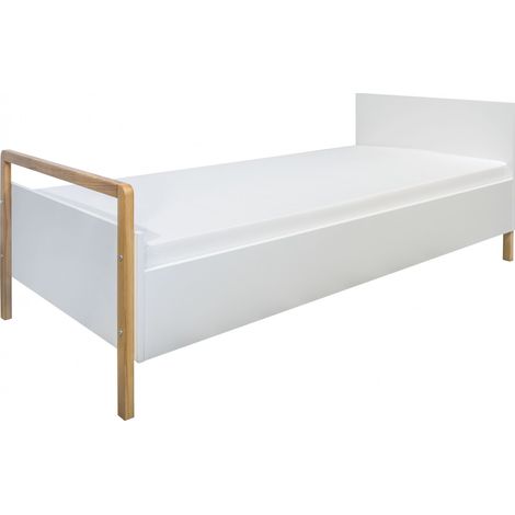 Lit enfant scandinave blanc et bois de chêne vernis Vanka 80x180-Matelas mousse (1/5)