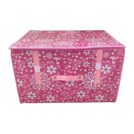 Scatola porta indumenti richiudibile salvaspazio in tessuto cm 50x40x30h fantasia rosa con fiori bianchi