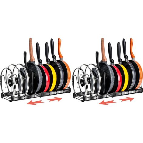 Ausziehbarer Topforganizer – 2er-Set – Schwarzer Stahl – Verstellbare Aufbewahrung für 6 bis 10 Küchenutensilien – Für Küche und Schrank – 30 bis 57 cm