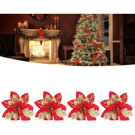 4 pièces Fleurs Artificielles pour Sapin de Noël Poinsettia Rouge et Doré à Paillettes avec Poudre Dorée (1/5)