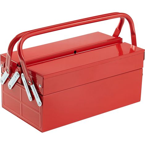 Mophorn 14-Zoll-Werkzeugkasten aus Metall, 2-stufiger, 3-Fach-Klapptruhen-Organizer mit Griff und Schlossloch, pulverbeschichteter Stahl, rot, für Haushalt, Fabrik