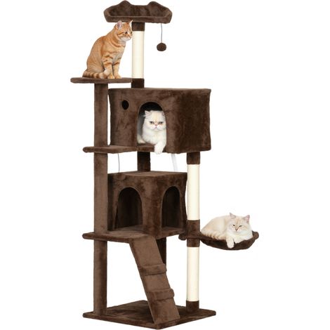 PawHut árbol rascador para gatos 160 cm, con múltiples plataformas, cama, 2 cuevas, hamaca, escalera, postes de sisal, bolas para jugar, marrón