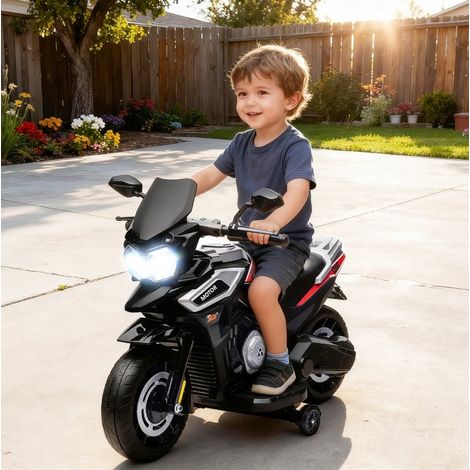 Moto eléctrica infantil 85,5x44,5x56 cm de plástico negro con ruedines - MEUBLIV (1/5)