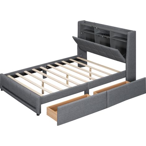Polsterbett 140 x 200 cm aus Leinen und MDF, grau, LED, Stauraum und USB MODENUIT (1/5)