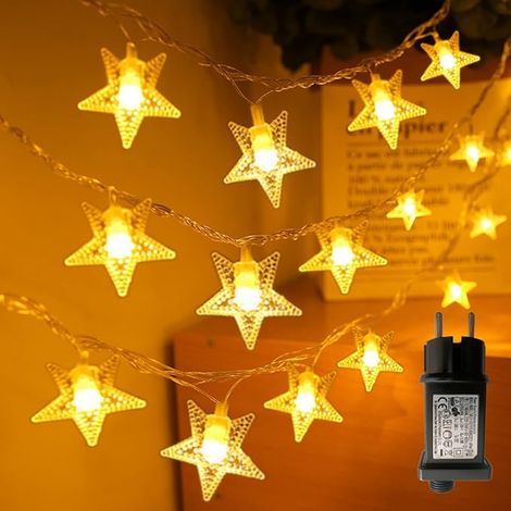Guirlande Lumineuse Étoile 10M 100 LED avec Prise, 8 Modes Étanche Alimentée sur Secteur, Lumière d'Ambiance Intérieur Extérieur, Décoration Fête Noël Halloween Mariage Blanc Chaud (1/5)