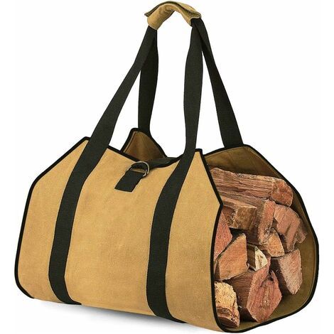 Toile Sac à Bûche Cheminée Sac de Rangement pour le Bois de Chauffage Grande Capacité Porte-bûches De Plein Air Porte-bûches en Bois Ciré avec Poignées Solide Sac de Transport en Bois(98x45CM)