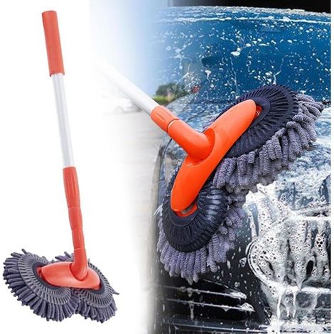 Balai de voiture rotatif à double tête télescopique avec microfibre, nettoyant pour pare-brise, accessoires de caravane pour le lavage et le nettoyage de voiture (1 pièce) (1/4)