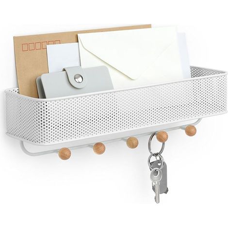 Schlüsselhalter mit Briefablage, multifunktionaler Wandorganizer mit 5 Haken, weiß