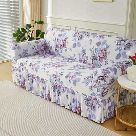 JSSEVN - Elastic Sofa Cover with Hem, Retro Floral Pattern Sofa Cover for 1-4 Seater Sofas, Universal Sofa Cover with Armrests (White Purple, 2 Seater) (1/5)