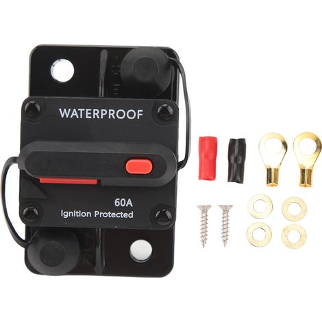 Disjoncteur étanche 12V pour système audio de voiture avec réarmement manuel et fusible, adapté aux systèmes stéréo 60A. (1/5)