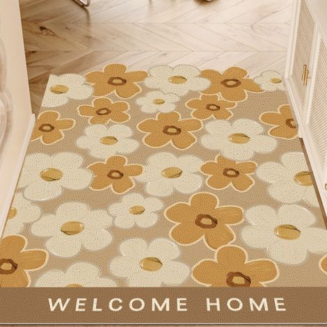 LAN Cercle en soie à motif floral jaune vertical 40 x 60 cm Tapis de sol en soie bouclée à petits motifs floraux découpés, adapté à un usage domestique, résistant à la saleté, à l'usure, antidérapant, (1/4)
