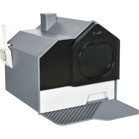 Maison de toilette bac à litière pour chat design maisonnette avec pelle, filtre et tapis dimensions 47L x 45l x 42H cm (1/5)