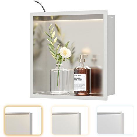 Douche murale en acier inoxydable avec éclairage LED, niche encastrée avec réglage de la température de couleur, rangement pour salle de bain, 30 x 30 cm (1/5)