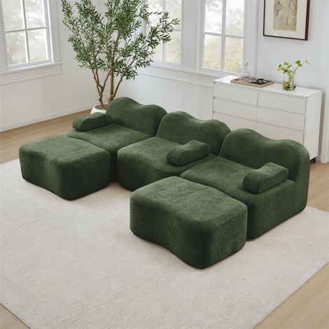 Canapé Modulaire en U 3 Places avec 2 Ottomans - Mousse 32D Haute Densité - Design Ondulé et Assise Profonde - Vert (1/5)