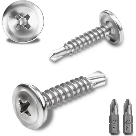 150 Pcs Vis Autoforeuse Metal 410 Vis Autoforeuse Inox 4.2x19MM Autoperforante Phillips à Tête Fraisée pour Acier Autoperceuse à Tête Ronde Autoperceuse avec 2 Forets (Argent) (1/5)