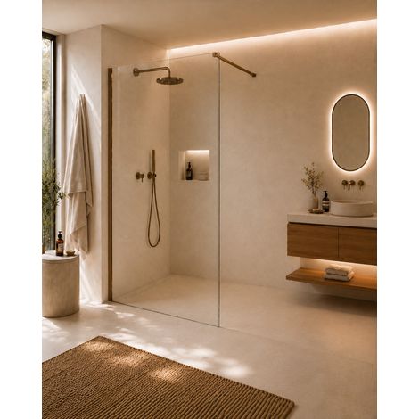 Begehbare Duschwand, 80 cm lang, 6 mm Klarglas, gebürstete, bronzefarbene Aluminiumprofile Deante Nivis KTJC38P 80 cm (1/2)