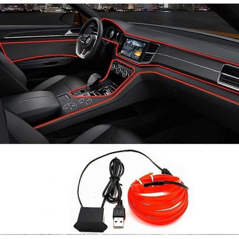 Bande LED intérieure de voiture, fil rouge, 5 m / 15 pi, éclairage néon stroboscopique électroluminescent USB avec bord cousu de 6 mm, kits d'éclairage d'ambiance (1/5)