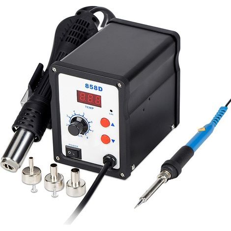 858D Heißluftstation, Techextra Heißluftschweißgerät, Heißluft-Löt- und Reparaturstation mit LED-Digitalanzeige, 100–480 °C, 700 W Heißluft-Reparaturstation mit 3 Düsen (1/5)