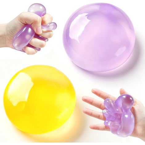 Set mit 2 weichen und formbaren Stressbällen, gefüllt mit Kokosöl, federt nicht zurück, zur Entspannung, als Bürodekoration, als Geschenk gegen Angstzustände für Kinder und Erwachsene. (Lila + Orange) (1/5)