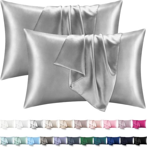 Taie Oreiller Satin 40x80 Lot de 2 - Similaire Aux Taies d'oreillers en Soie, Premium Housse de Coussin 40x80 certifié Oeko-Tex Respirant et Hypoallergénique Deux Faces en Soie,Gris (1/5)